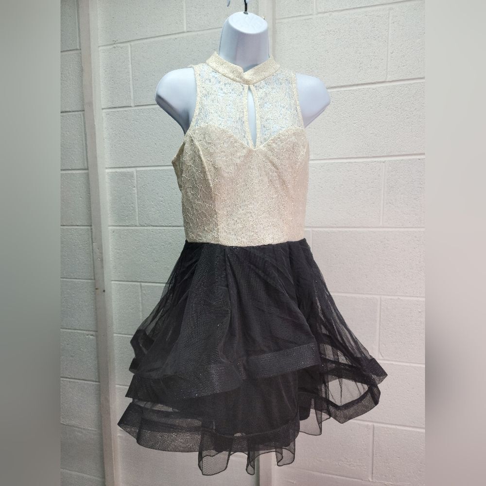 SPEECHLESS High-Neck Lace and Tiered Mesh Formal Prom Dress